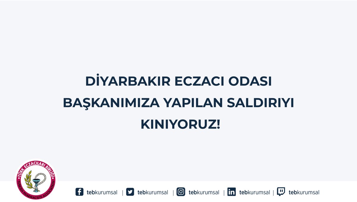 tebkurumsal's tweet photo. Diyarbakır Eczacı Odası Başkanımız, kamu eczacısı Sayın Ecz. Mahmut Sert, çalıştığı Diyarbakır Gazi Yaşargil Eğitim ve Araştırma Hastanesi’nde görevini yaparken bir başka sağlık çalışanı tarafından şiddete u��ramıştır.

👉https://t.co/WmQ9MfGxSW https://t.co/Yvo3WlduVJ