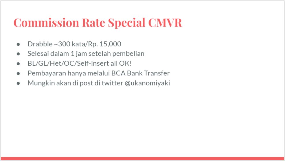 ukanomiyaki's tweet image. Uka's #comivuro #cmvr speed commission
For Rp. 15,000 you get a ~300 words drabble of anything you want, done within the hour! Results in this thread o/ Please DM me if you're interested!