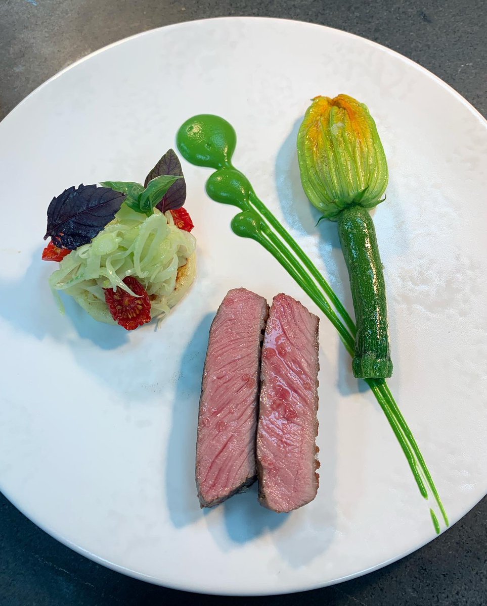 TheLlangoedHall's tweet photo. From our garden…to your plate! 🌿
 We grow lots of incredible produce from our very own kitchen garden! Swipe to see the end results…  - Lavinton lamb, courgette &amp; basil puree, stuffed garden courgette flower, parmesan gnocchi. 

#llangoedhall #kitchengarden https://t.co/S9XU74T0xm