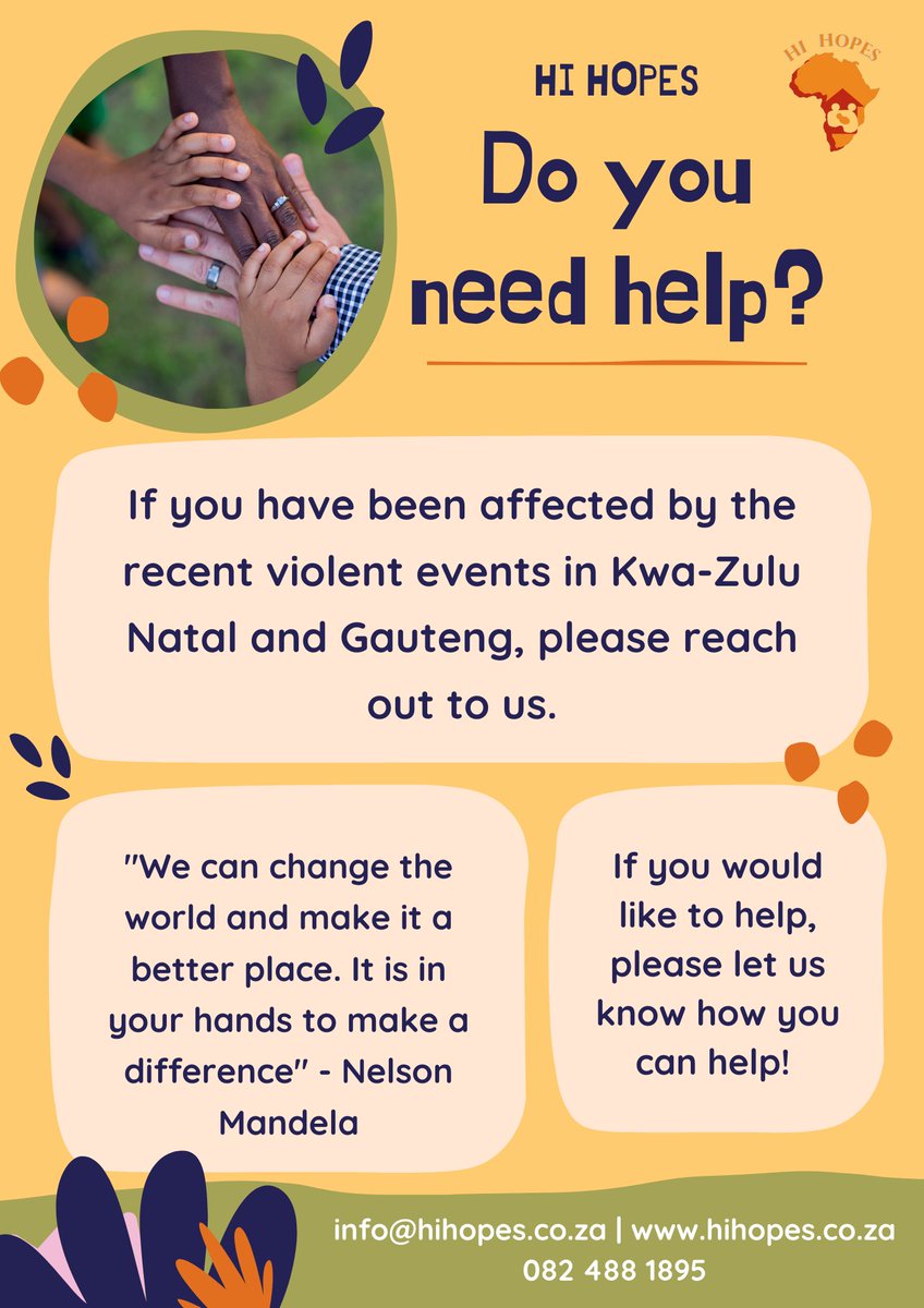 HiHopesSA's tweet photo. Please reach out to us if you have been affected by the recent violent events and need help. If you would like to help, please let us know how you can help!
#RebuildSA #LetUsUniteSA #HelpSA #KZN #Gauteng https://t.co/kz9Pybng28