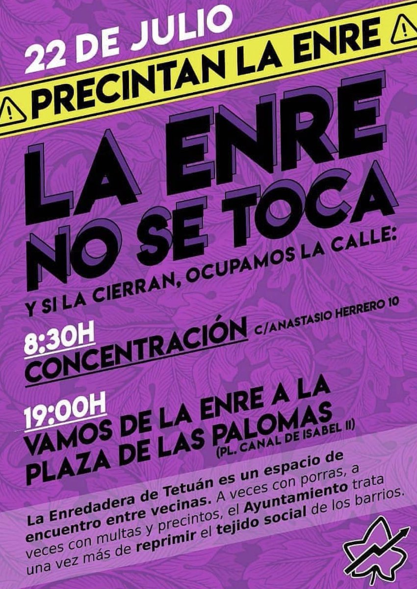 El ayuntamiento tratará de precintar la Enre de Tetuán este jueves como enésimo ataque a los CSO. Ven a defender el espacio, toda ayuda es necesaria. Por la tarde, concentración en repulsa de la intentona del ayuntamiento. 
¡Díez, cien, mil centros sociales!