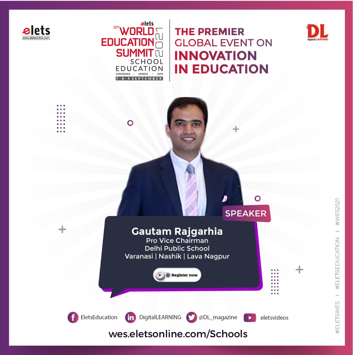 We are glad to announce Mr. <a href="/GRajgarhia/">Gautam Rajgarhia</a> , Pro Vice Chairman as a ‘Guest Speaker’ for the upcoming ‘20th World Education Summit 2021 School Education’ as he facilitates technology up-gradation in the school.
Please Visit: bit.ly/3rhZGyX
#EletsWes #EletsEducation