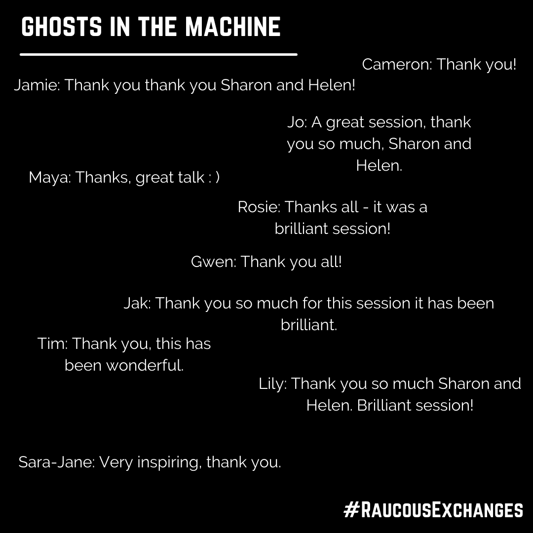 RaucousCaucous's tweet photo. Some fantastic feedback from our second #RaucousExchanges Ghosts in the Machine. It was a great evening of exchange, discussing the endless possibilities of when technology and theatre combine. Thank you to our guest @helenskisound and director @esjayc for the conversation! https://t.co/UHWWAX7LfD