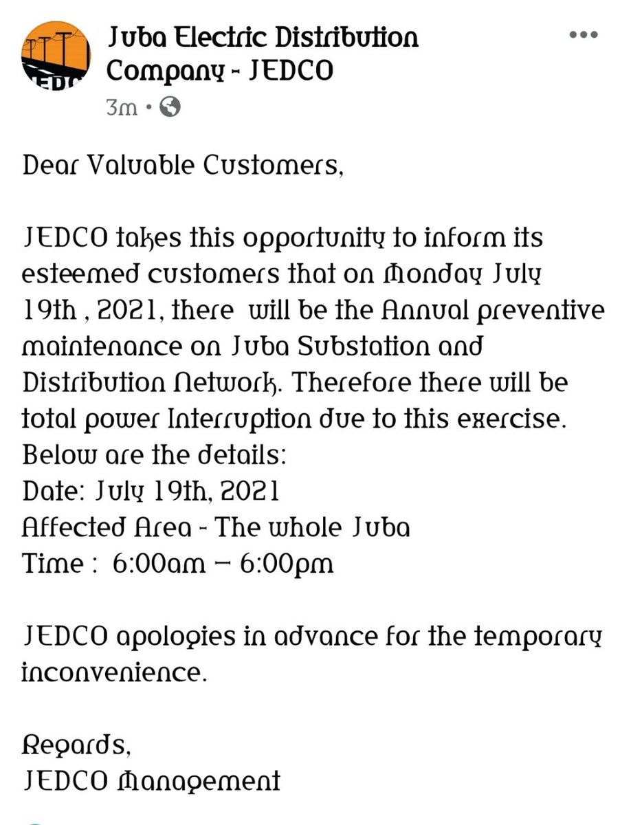 The city is gonna be blackout coming Monday as JEDCO said.