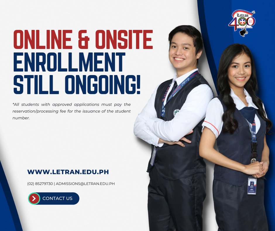 LetranOfficial's tweet photo. ONLINE and ONSITE enrollment still ongoing for the SY 2021-2022!

Contact us at admissions@letran.edu.ph or at https://t.co/odDNPPBamJ for more information. https://t.co/VgE18CvKAE