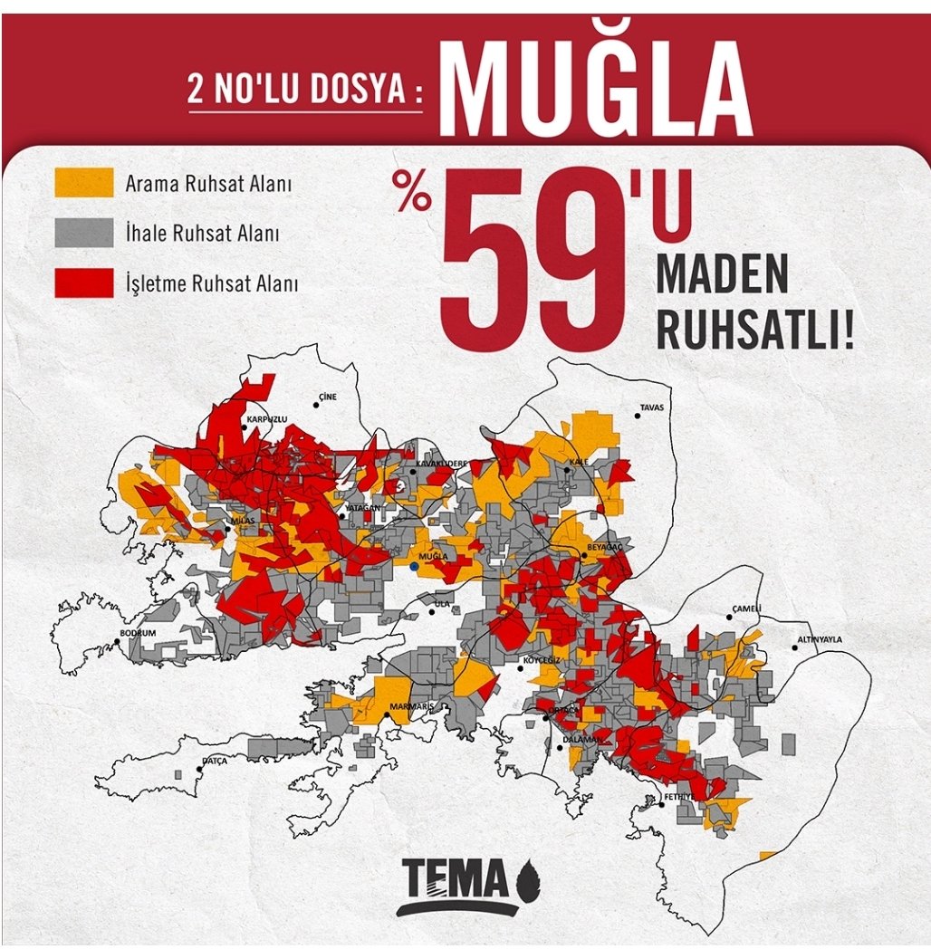 Muğla'ya bunu düşman yapmaz!

* Tüm ilin %59’u
* Ormanların %65’i
* Tarım alanlarının %48’i
* Tabiatı koruma alanı ve milli parkların %55’i
* Türkiye’nin en yaşlı karaçam ormanına sahip Kartal Gölü Koruma Alanının tümü
* Kültür varlıklarının %66’sı

Maden için ruhsatlandırıldı.