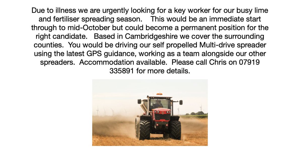 Urgently looking for a spreader driver for this harvest season, please can you all share this advert.  Many thanks!