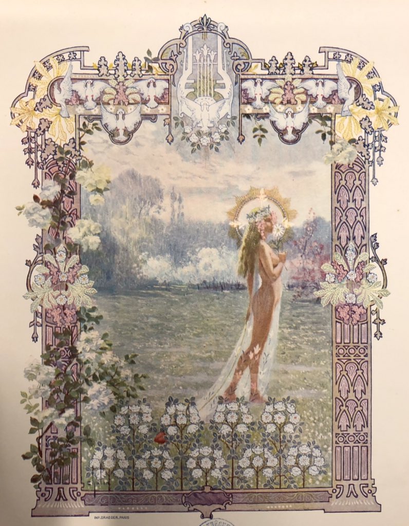 fred_manfrin's tweet photo. Un peu d’Art Nouveau en ce samedi ? En communiquant un recueil à un lecteur, je suis tombé sur ces merveilles, dans un catalogue de 1907 de l’imprimeur Draeger. Les Quatres saisons, par Louis Chalon (1866-1940). Pardon, les photos ne sont pas super , mais que c’est beau ! ⤵️ https://t.co/QYxScm4U7W