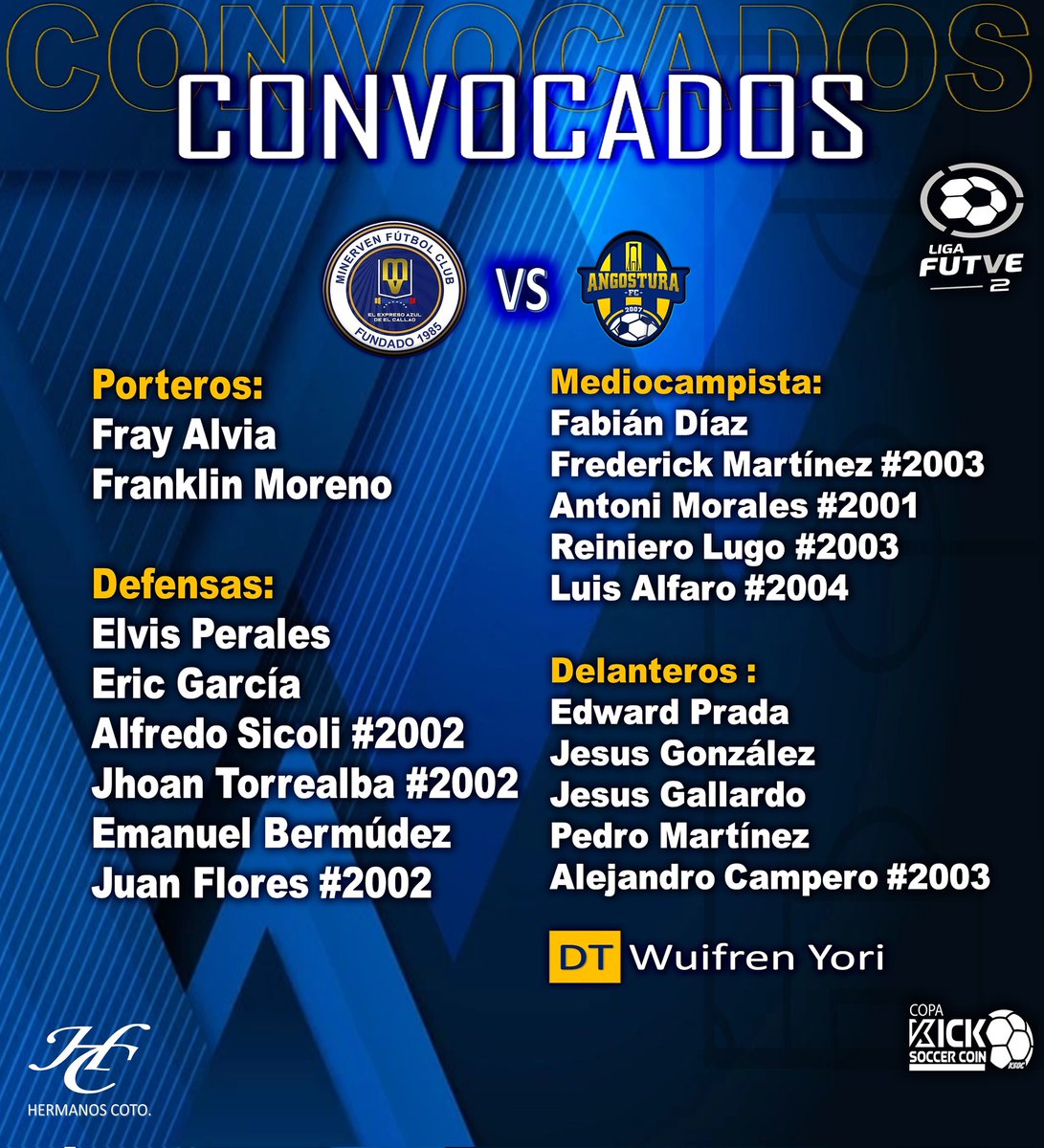 #MinervenFC // Estos son los convocados por nuestro director técnico Wuifren Yori, para el encuentro de hoy ante @tuangosturafc correspondiente a la jornada 1 de la @ligafutve2