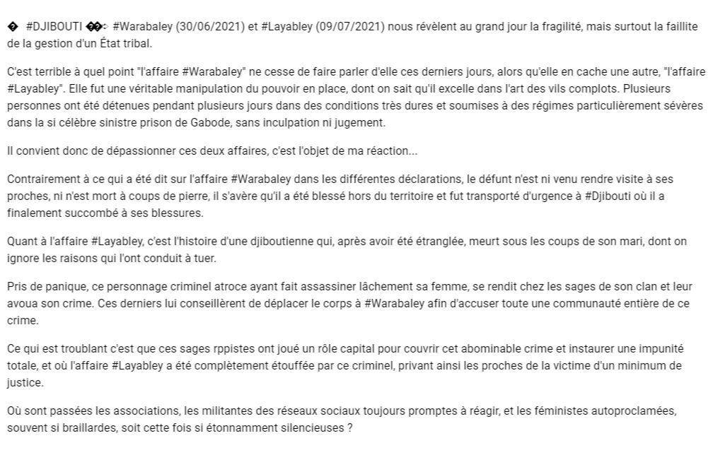 MQayaad's tweet photo. 🔴 #DJIBOUTI 🇩🇯 ➪ #Warabaley (30/06/2021) et #Layabley (09/07/2021) nous révèlent au grand jour la fragilité, mais surtout la faillite de la gestion d'un État tribal.C'est terrible à quel point "l'affaire #Warabaley" ne cesse de faire parler d'elle ces.. https://t.co/6c9rFAY39R