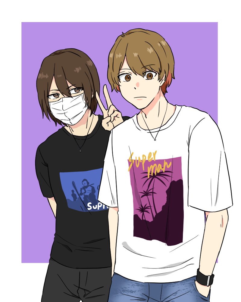 2boys multiple boys mask brown hair brown eyes shirt mouth mask  illustration images