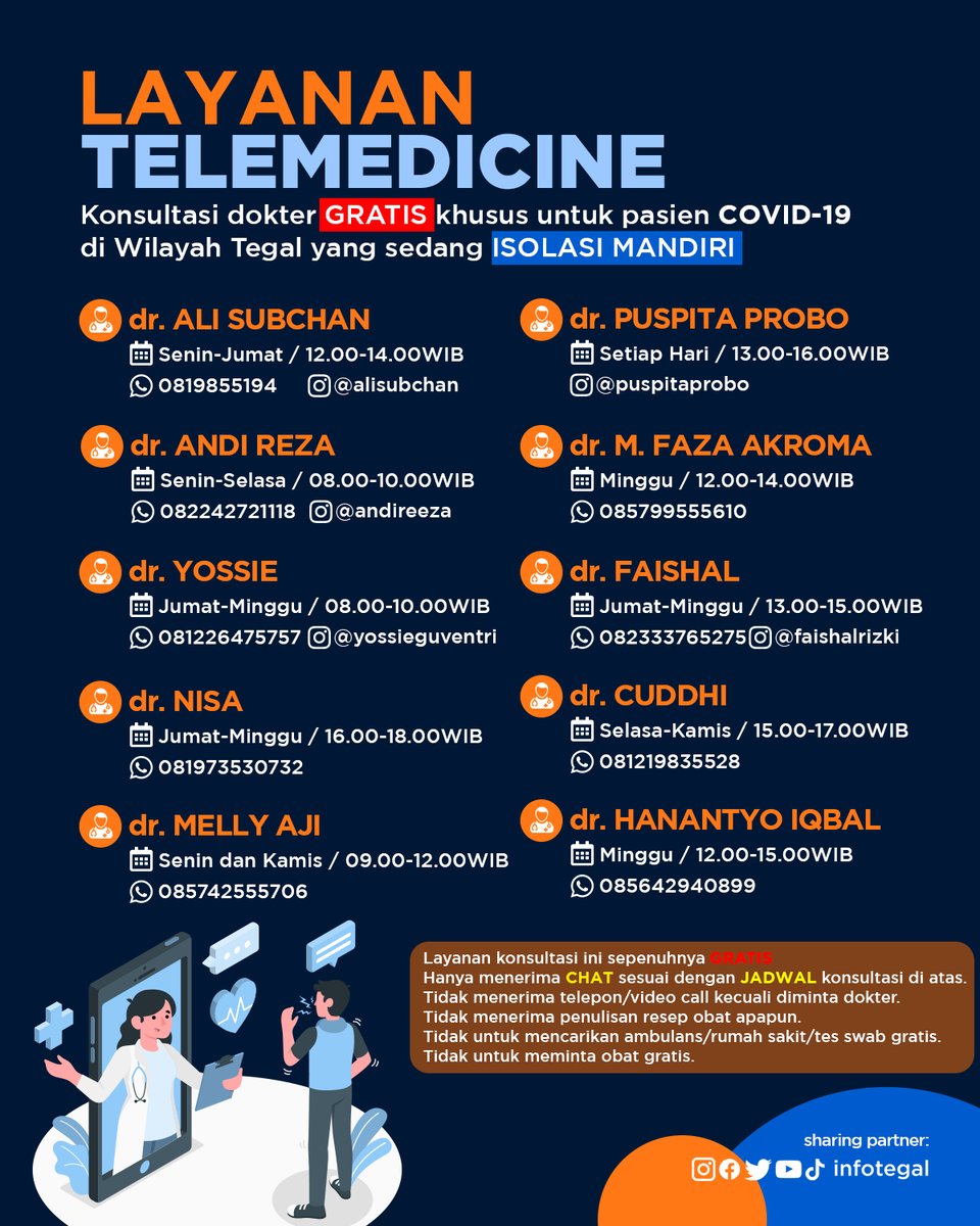 Rekan-rekan dokter di Tegal berinisiatif membuka layanan telemedicine gratis khusus untuk pasien Covid-19 di wilayah Kabupaten dan Kota Tegal yang sedang menjalani isolasi mandiri.

Hanya menerima WhatsApps Chat. Ingat, WhatsApp Chat. Cek jadwalnya terlebih dahulu.