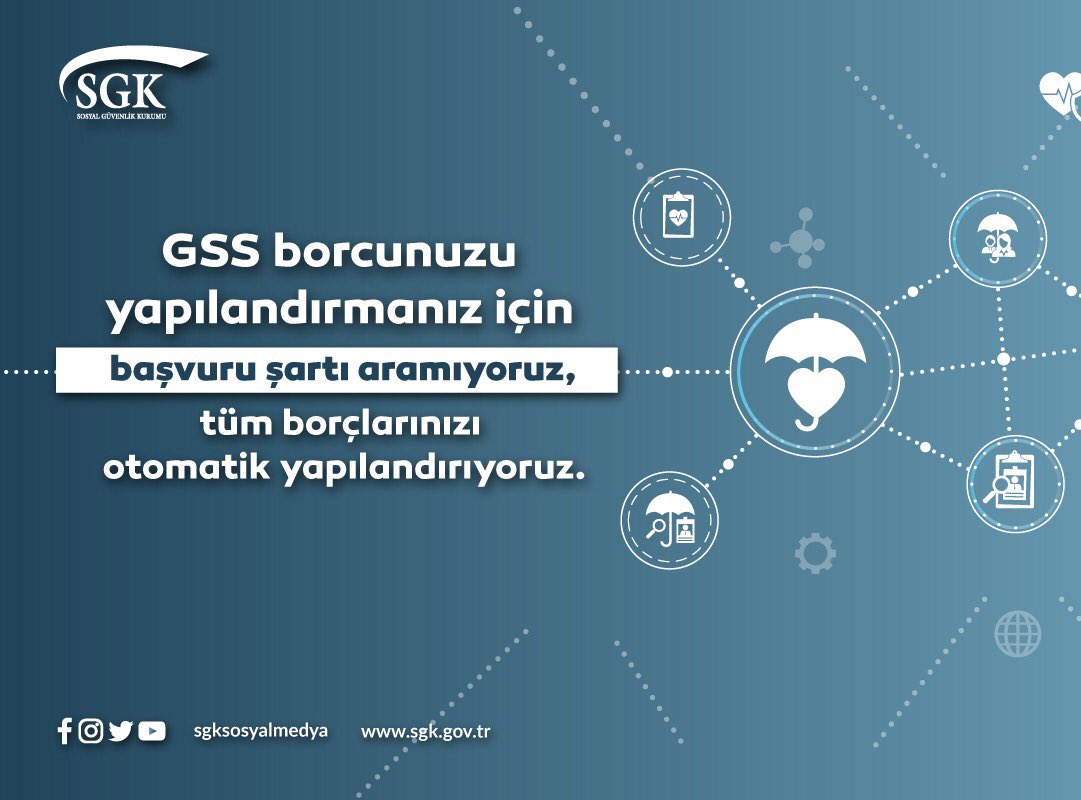 Genel Sağlık Sigortası (GSS) borcunuzu yapılandırmanız için başvuru şartı aramıyoruz.

sgk.gov.tr/wps/portal/sgk…