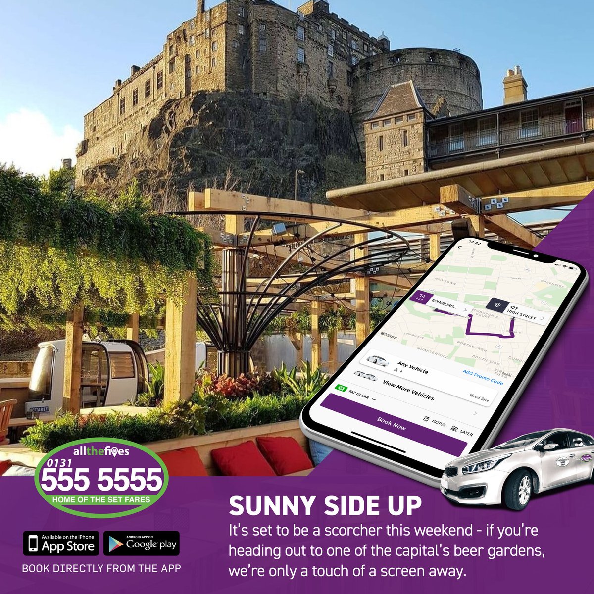 EdiPrivateHire's tweet photo. It’s set to be a scorcher ☀️☀️ this weekend so it’s the perfect time to head for one of the capital’s beer gardens. Download our app &amp; take all the stress out of getting home after your day in the sun. ⤵️
📲→ https://t.co/kngLRwRdcK
☎️ → 0131 555 5555
[IG 📸 :@thepopbingodisco] https://t.co/ErrNOfudPE