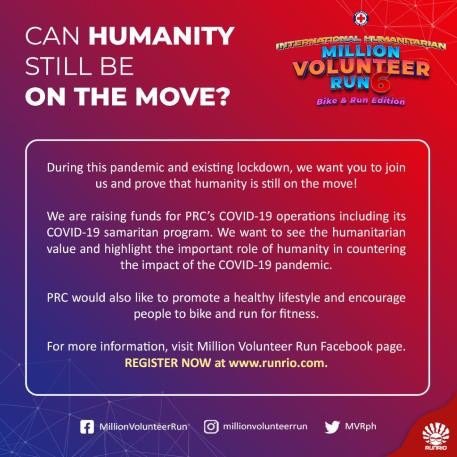 MVRph's tweet photo. Can humanity still be on the move? 🧐 

Join the Philippine Red Cross Million Volunteer Run 6, and prove that humanity is still on the move! Register for bike 🚴 or run 🏃💨 or both 😏

🌐 Simply visit https://t.co/oHWyPWmAq1 https://t.co/oEcCuzjq1k