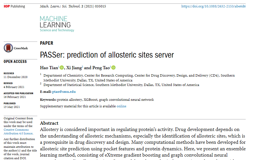 'PASSer: prediction of allosteric sites server' by <a href="/TaoGroupSMU/">Tao Research Group</a> @_hao_tian <a href="/smuresearch/">SMU Research</a> <a href="/SMU/">SMU</a> hits 1000 downloads! bit.ly/3yqJnD5 #machinelearning #drugdiscovery #compchem #bioinformatics #neuralnetworks #datascience #bigdata #proteins #compbio