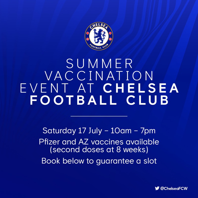 ChelseaFC's tweet photo. Get your vaccination at Stamford Bridge today! 

Local residents awaiting a first dose of the Covid-19 vaccine, or those eligible for a second dose, can get a vaccination. 👇