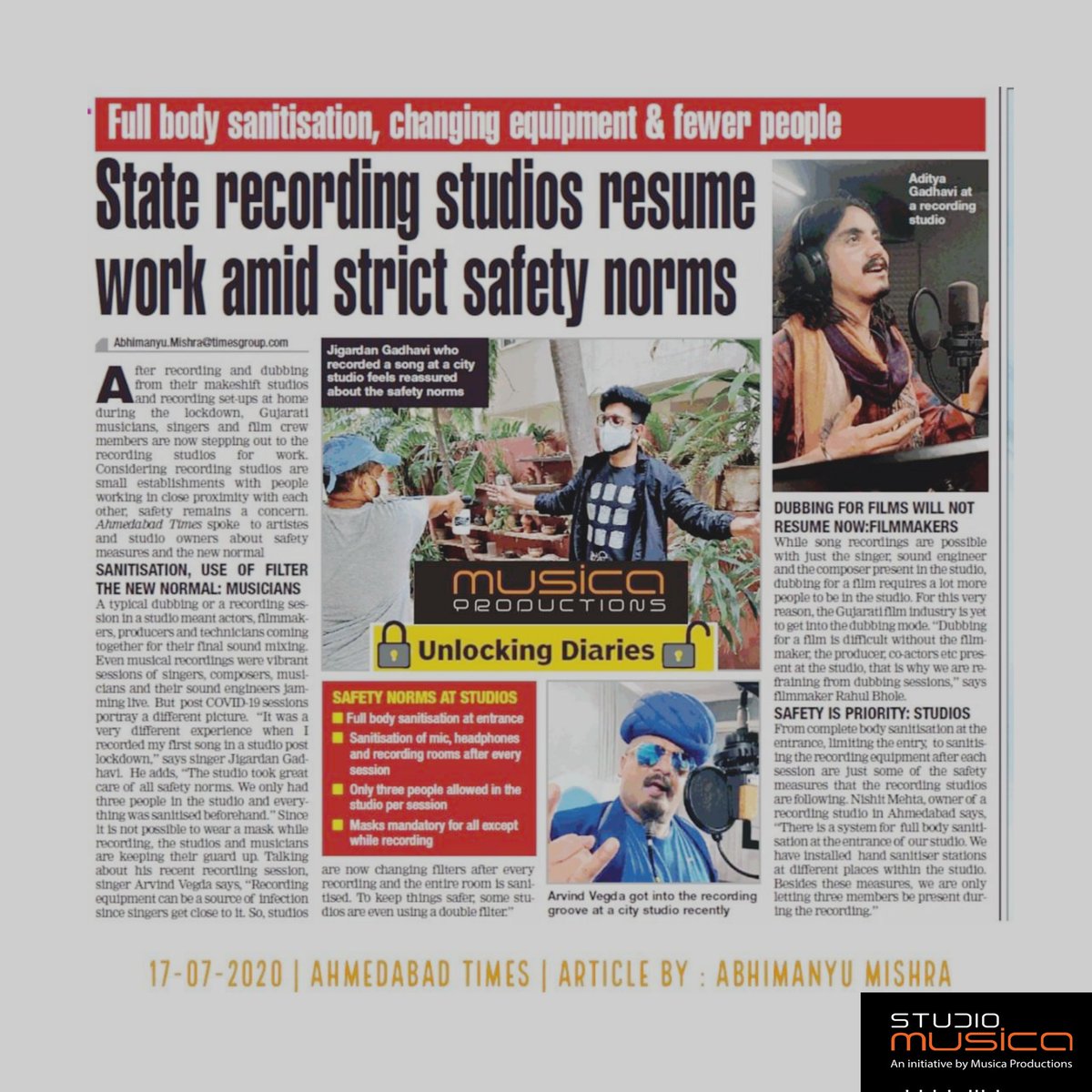 StudioMusica4's tweet photo. 17• 7• 2020• Last yr, @nishithmehta founder of @studiomusica_  starts to record post-covid but with strict precautions,abt which an article was issued by Ahmedabad Times
@JigardanGadhavi
@AdityaGadhvi
@arvind_vegda
#nishithmehta #studiomusica #musiccomposer #arranger https://t.co/sh3kt53QlF