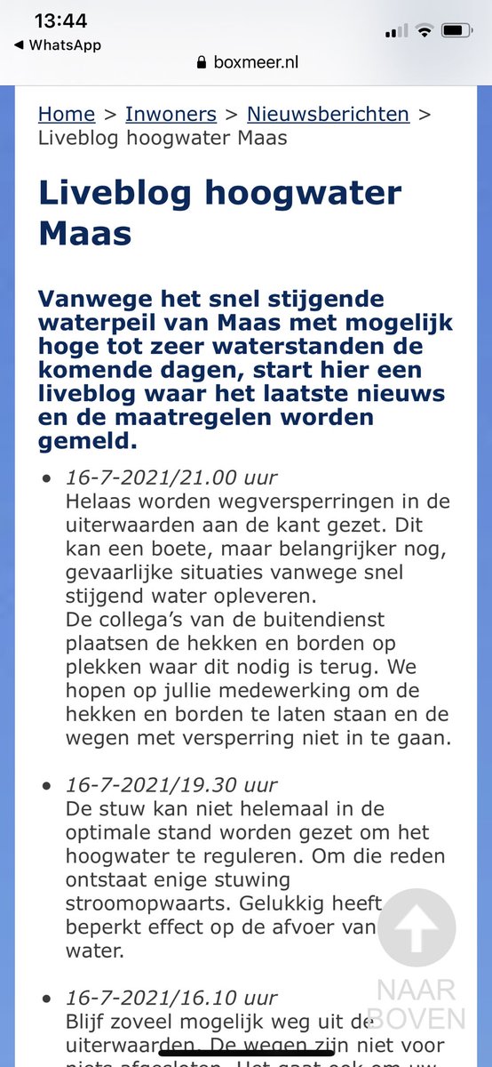 Dit is de liveblog van Gemeente Boxmeer inzake hoog water: laatste update: gisteravond 21.00…. Wat een verschil met andere gemeenten zoals Gennep en Bergen die wel zorgen voor up to date informatie….