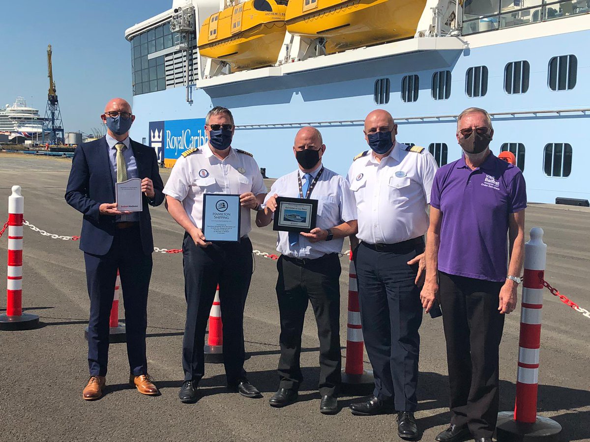 @HamiltonShipPSL looked after MV Anthem of the Seas from <a href="/RoyalCaribbean/">Royal Caribbean</a> @MyRoyalUK on her maiden call to <a href="/BelfastHarbour/">BelfastHarbour</a> today. The traditional plaque exchange took place with <a href="/garyjpowers/">Gary Powers</a> representing us, <a href="/flism/">Gary Hall 🛳</a> representing the Port, and Captain Vidos on behalf of RCCL