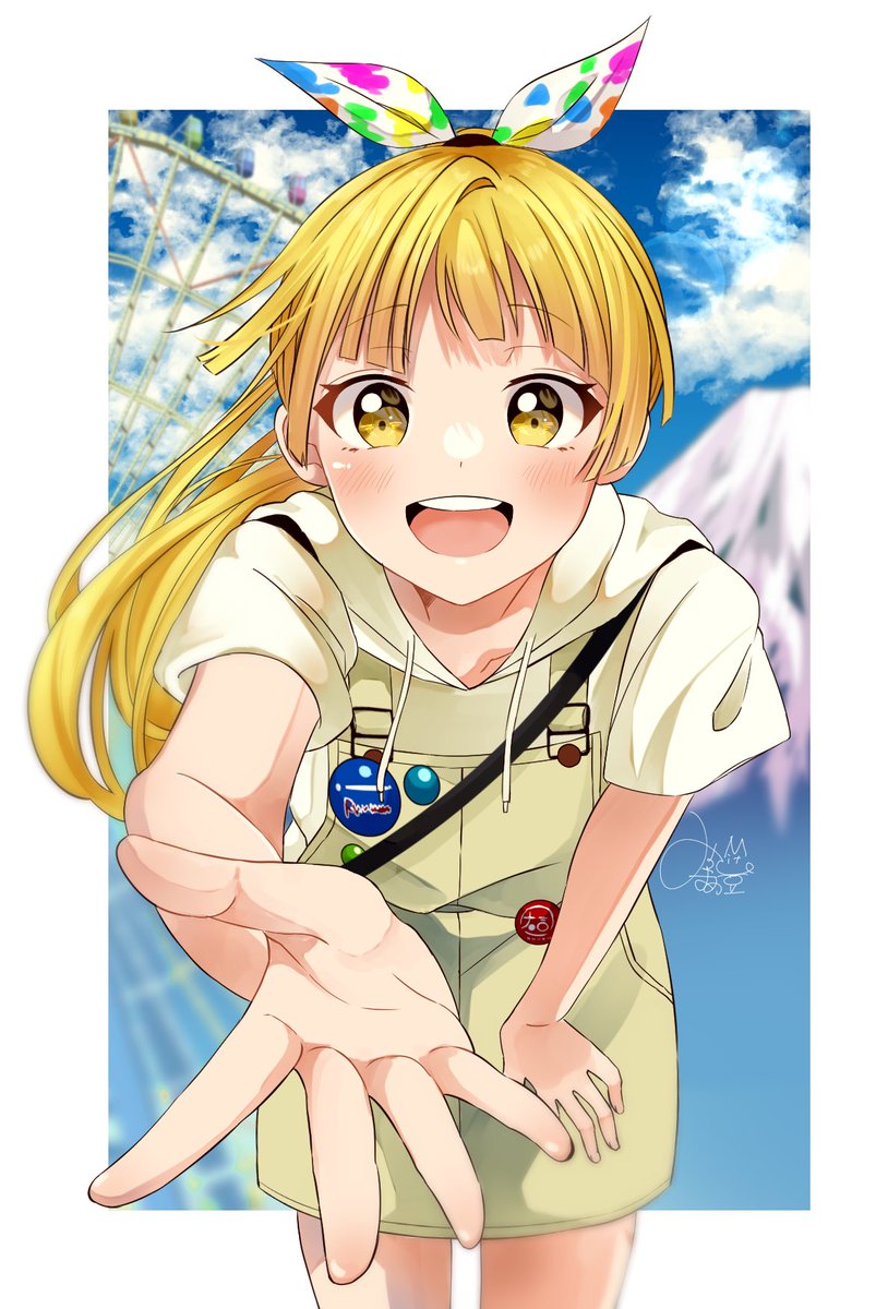 1girl blonde hair solo yellow eyes ferris wheel looking at viewer badge  illustration images
