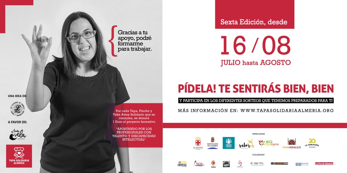 Con cada #tapa #pincho y #takeaway que consumamos, ayudaremos a que +personas como #Maria puedan formarse y conseguir un empleo... quieres saber¿dónde puedes participar? Entra en: tapasolidariaalmeria.org
A favor de : <a href="/A_Toda_Vela/">A Toda Vela</a> 
Gracias 
#vidasinclusivas #sentirsebienbien #rsc