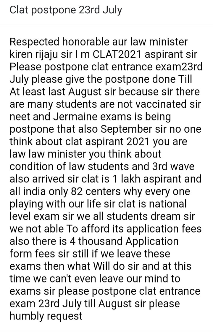 SmackkerA's tweet photo. @KirenRijiju @dpradhanbjp @PMOIndia @EduMinOfIndia #NarendraModi 
#clat2021 #PostponeClat2021 
#NoExamsWithoutVaccination 
#NoExamUntilVaccination https://t.co/w7p7O3xcZU