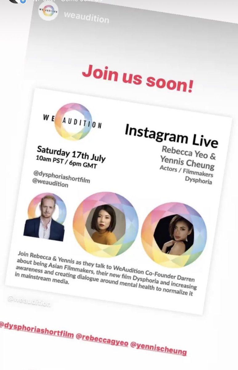 Rebecca Yeo (@rebeccagyeo) on Twitter photo Join us on <a href="/WeAudition/">WeAudition</a> live IG! See you there at 6pm <a href="/yennischeung/">Yennis Cheung 張茵</a> #dysphoriashortfilm #femalefilmmakers Join us on <a href="/WeAudition/">WeAudition</a> live IG! See you there at 6pm <a href="/yennischeung/">Yennis Cheung 張茵</a> #dysphoriashortfilm #femalefilmmakers