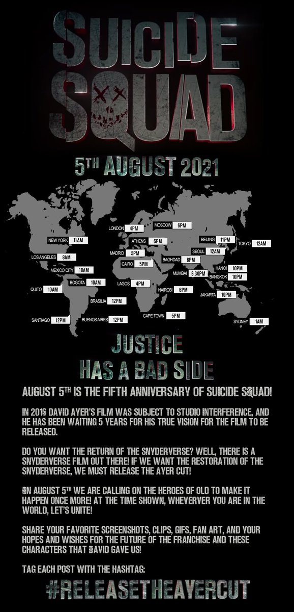 RTSnyderCut's tweet image. On August 5th, justice has a bad side!

If you are a fan of @DavidAyerMovies, the SnyderVerse, passionate about artistic integrity, or if you just love these characters and want to see a new version of them, let's unite and change Hollywood... again!

#ReleaseTheAyerCut