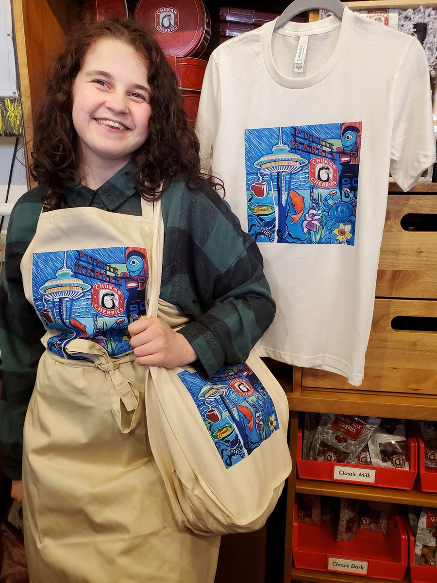We have NEW Chukar gear available at Pike Place Market! Grab a tote to hold all your Market goodies, an apron, or a t-shirt (sizes XS-XL) &amp; rep your favorite local brand featuring our Seattle mural artwork.