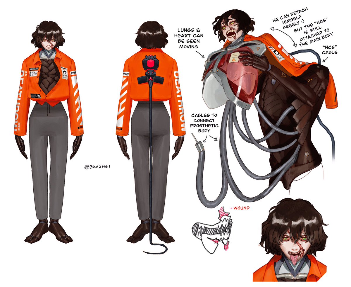 New OC for a local comic event 🤤 the event provided background, genre & main plot so the participants just have to make OCs to fit in the universe. The genre is cyberpunk and all OCs are prisoners in the story. Here's my guy, his name is Guro and he's a cyborg.