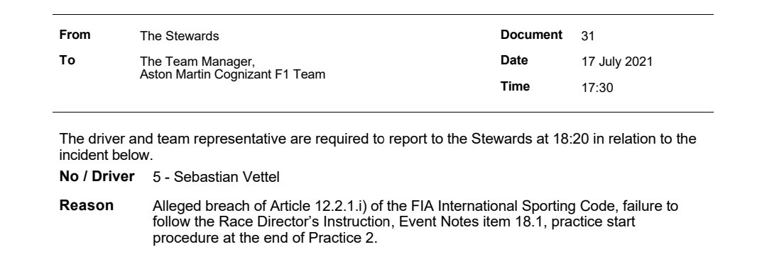 Ahmet_Cir's tweet photo. Sainz (again), Vettel and Mazepin summoned to the stewards for failing to follow the Race Director's instructions for the practice start procedures at the end of FP2.

#F1 #BritishGP #Formula1 https://t.co/p9MVra2WeU
