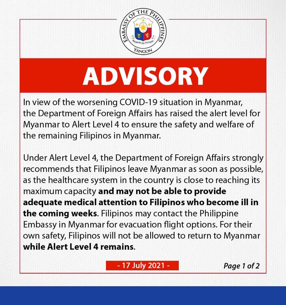 hninyadanazaw's tweet photo. Update: Philippine embassy has urged its citizens to leave Myanmar as soon as possible due to the worsening Covid-19 situation. 
#WhatsHappeningInMyanmar https://t.co/hLGIwRNfwv
