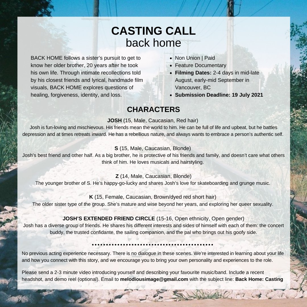 CASTING CALL
BACK HOME is a <a href="/Telefilm_Canada/">Telefilm Canada</a> Talent to Watch funded creative feature documentary. Director &amp; Writer @melodiousimage and Producer @joellacabalu will be filming an important element of the film and will be accepting casting submissions until July 19. Details below!