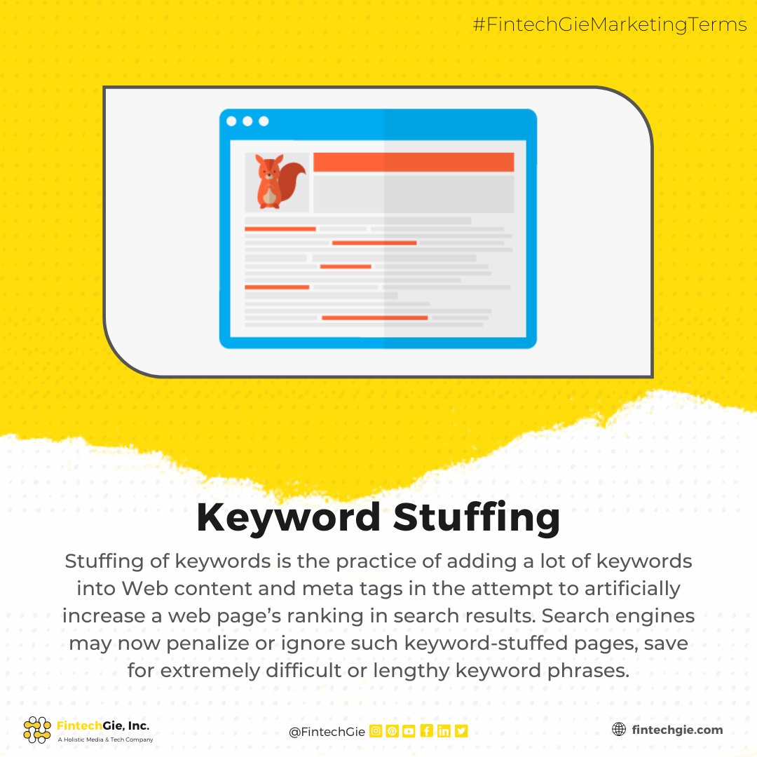fintechgie's tweet image. Stuffing of keywords is the practice of adding a lot of keywords into Web content and meta tags in the attempt to artificially increase a web page’s ranking in search results.
#marketingterms #fintechgiemarketingterms#keywordstuffing #keywords #keywordsuggestion #keywordsresearch