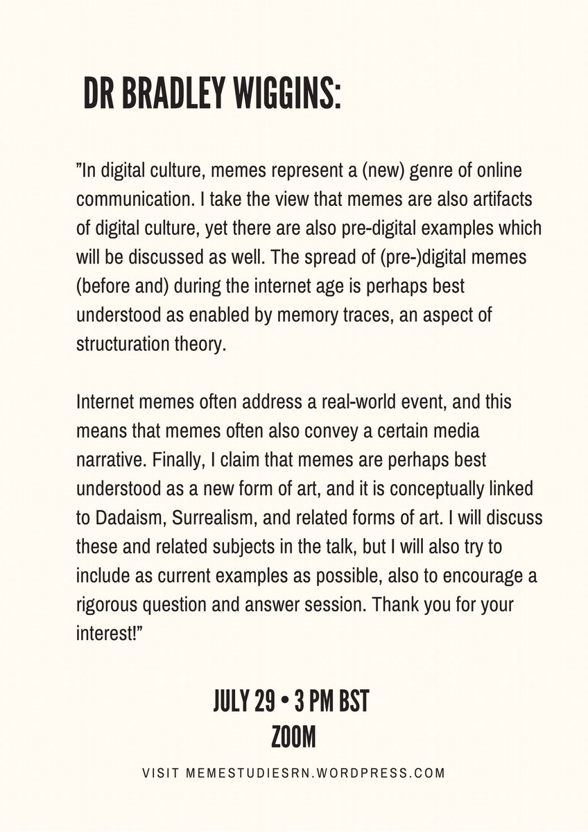 MemeStudiesRN's tweet image. Hi digital culture scholars, meme enthusiasts - we're happy to announce that Dr Bradley Wiggins will be joining us for a talk about the discursive power of memes! The event will be on July 29th at 3pm BST. Sign-up here forms.gle/E1Mo1GoB8PPsAg…