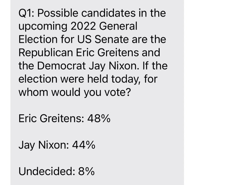 eyokley's tweet photo. New @RemingtonPolls survey for MOScout tests a hypothetical #MOSen:
@EricGreitens 48%
@GovJayNixon 44% https://t.co/ekcL2mooVQ