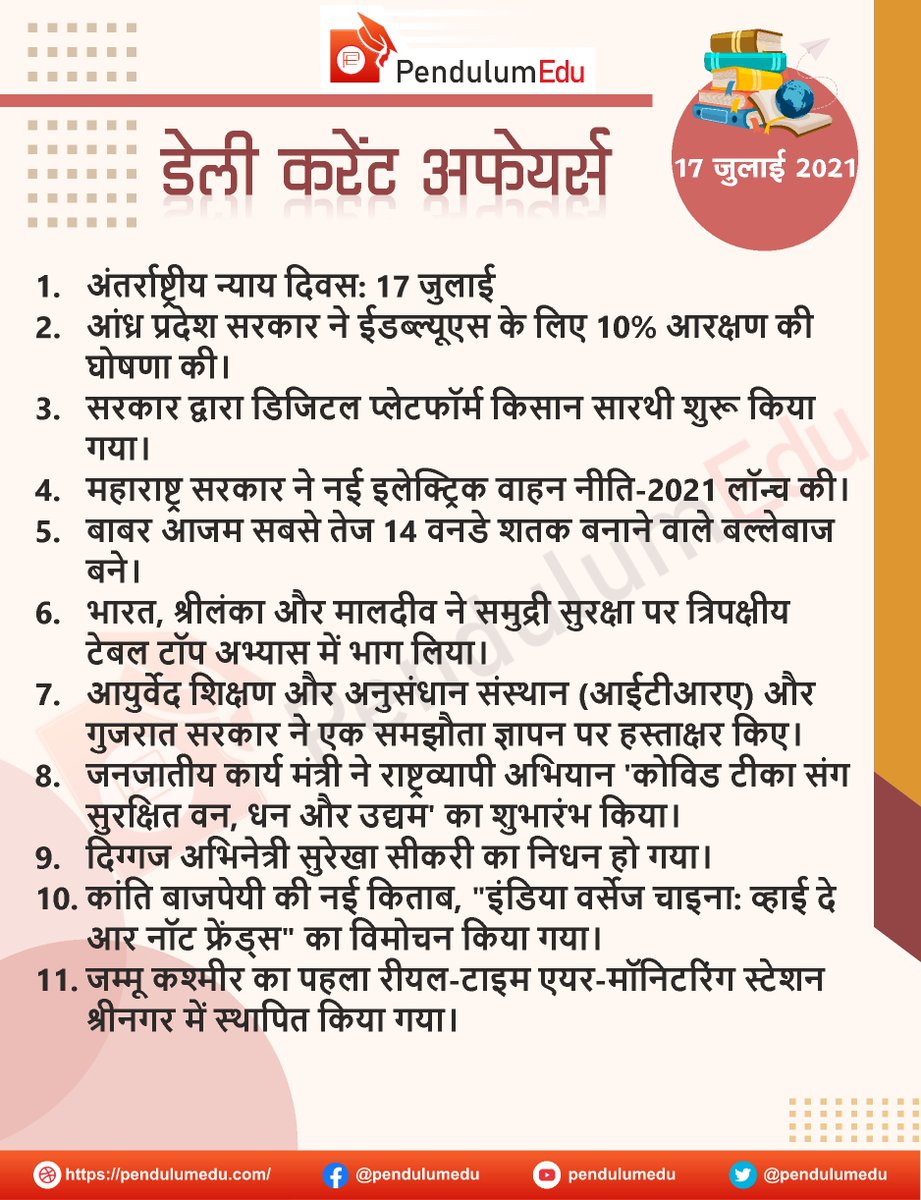 Read Current Affairs of 17 July 2021 in Hindi - bit.ly/2TfwsUI
#currentaffairs #news #latestnews #breakingnews #pendulumedu #internationaljusticeday #andhrapradesh #kisansarathi #electricvehiclepolicy #babarazam #india #srilanka #maldives #itra #tribalaffairsminister