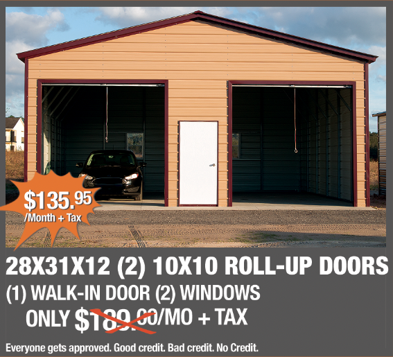 KeensBuildings's tweet photo. Happy Saturday! Our manager special for all locations is this spacious 28X31X12 Metal Garage Starting at $135.95/Month +Tax. Includes 2 roll-up doors, 1 walk-in, &amp; 2 windows. Apply Online. Financing available up to $100,000. 

https://t.co/kQj0hD7D3U https://t.co/FWODoW8Chp