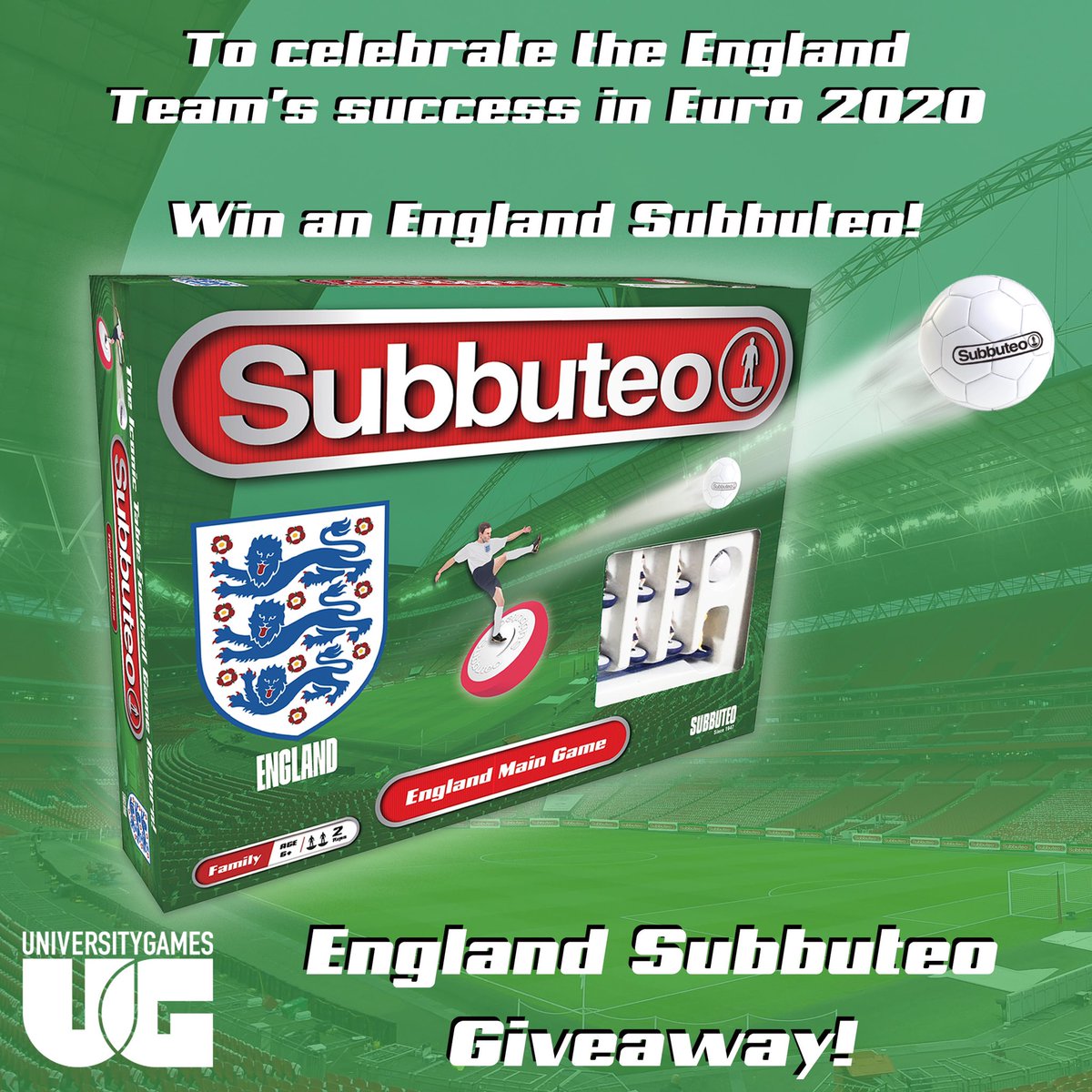 Subbuteo Official England Giveaway ⚽️🏴󠁧󠁢󠁥󠁮󠁧󠁿 To be in with a chance of winning this iconic Subbuteo Official England Main Game:
RT &amp; Follow
Comment: #Subbuteogiveaway  
Closes at 6pm on Tuesday 20/7/21. UK only. Full details &amp; t&amp;c’s on FB &amp; IG  #Giveaway #win