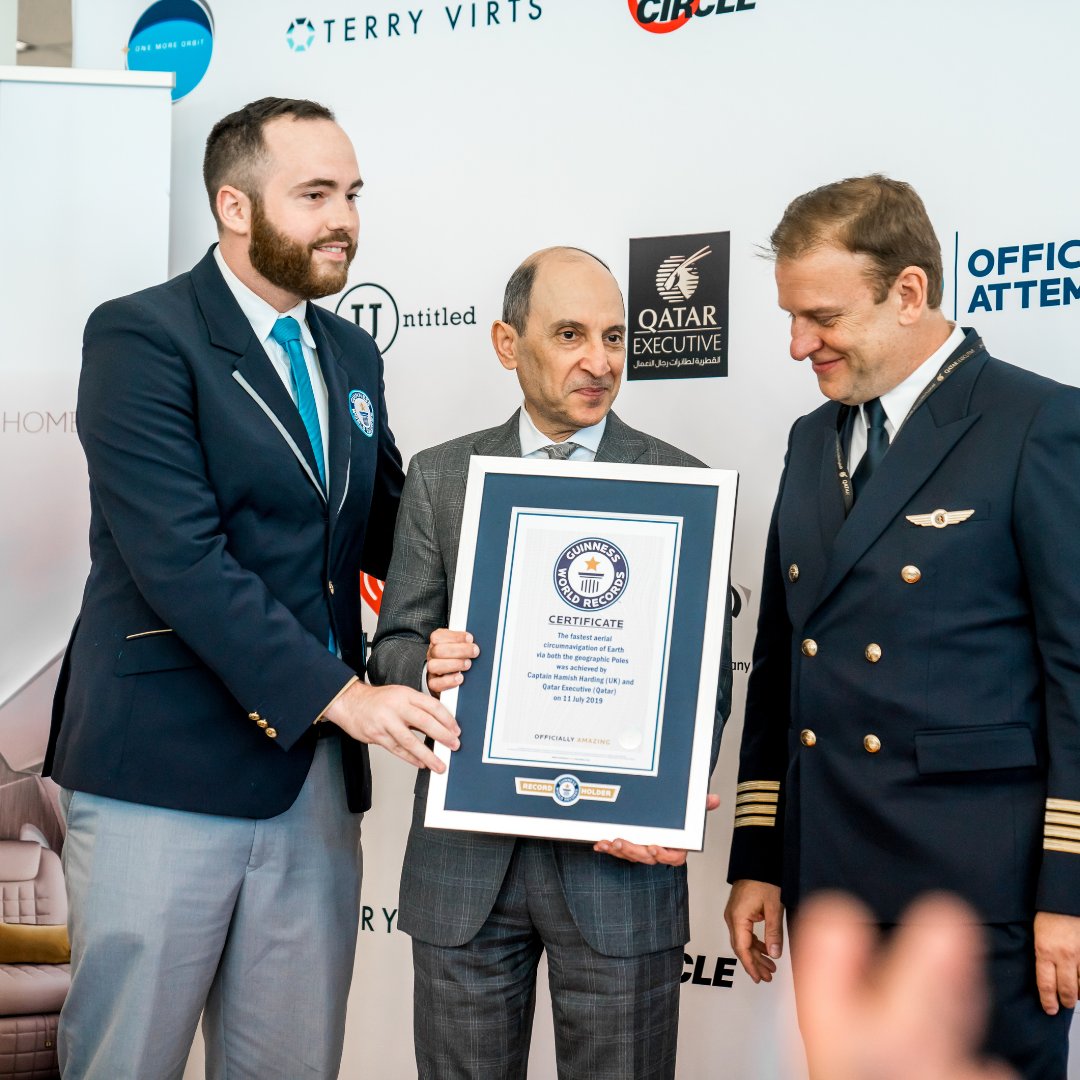 The #OneMoreOrbit mission broke both the <a href="/GWR/">Guinness World Records</a> and <a href="/airsports_fai/">FAI</a> records on Qatar Executive Gulfstream G650ER aircraft.
📸: Akbar Al Baker, CEO of <a href="/qatarairways/">Qatar Airways</a>, and <a href="/ActionAviation0/">Hamish Harding</a> receiving the <a href="/GWR/">Guinness World Records</a> certificate.

#qatarairways #speedrecords #OMO #QatarExecutive