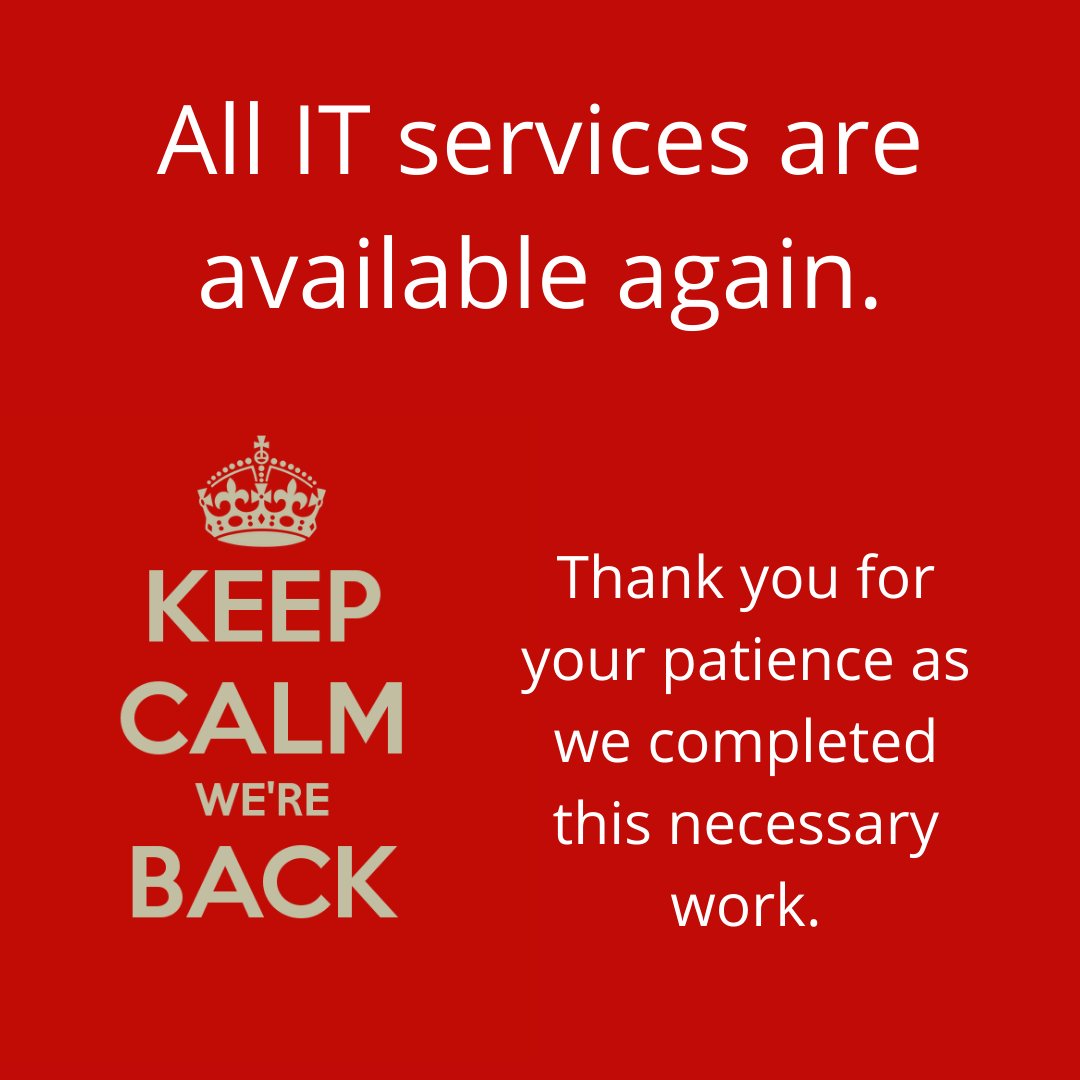 The IT data center move was successful and all services are once again available for use. Thank you for your patience as we completed this critical work.

IT Service Center: 508.531.2555 / itsupport@bridgew.edu

#ThisisBSU #ITupdates
