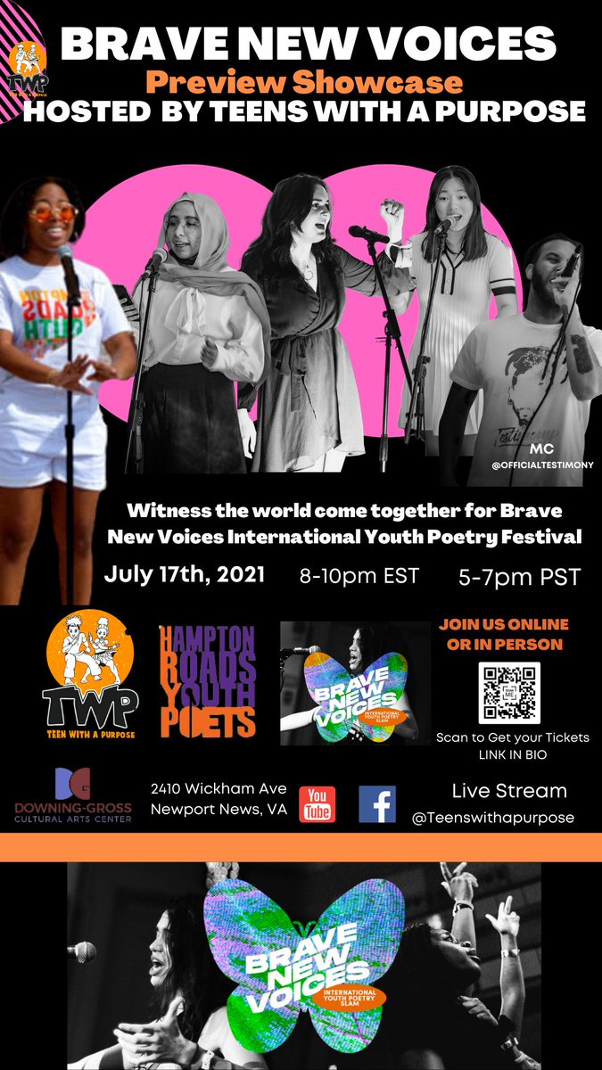 Its happening tonight live at Downing-Gross and Virtually!  The house is full so get your virtual tickets NOW!!!!  Hear &amp; See Youth Poets from around the world BNV international Youth Poetry Festival hosted by Teens With a Purpose! conta.cc/36BZ6m8