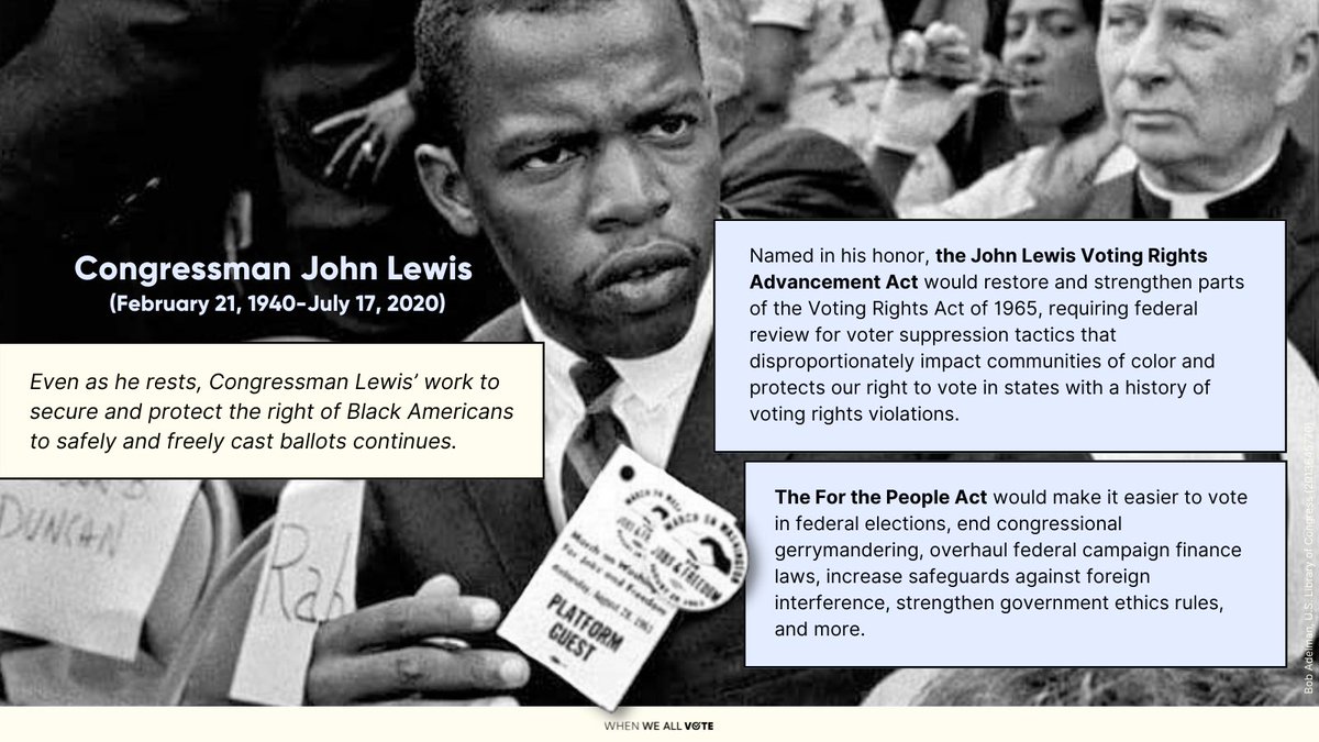WhenWeAllVote's tweet photo. On the 1 year anniversary of the passing of Congressman #JohnLewis, here’s to the incredible impact his legacy made on the American story, and to carrying the work forward in his absence by passing the #ForThePeopleAct and the John Lewis Voting Rights Advancement Act.#GoodTrouble https://t.co/R5YfedEPeW