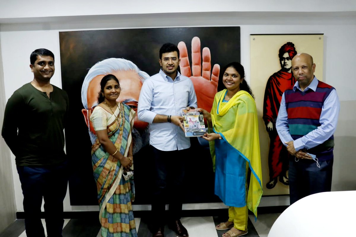 BPravP's tweet photo. A moment of pride and joy to entire team #Myindmakers to present #MyIndBook to Hon'ble MP Shri @Tejasvi_Surya ji. @pburavalli @HarithaPusarla @veggiediplomat @ask0704 @sunandavashisht @HSP05121952 https://t.co/DWD6JIcbwD