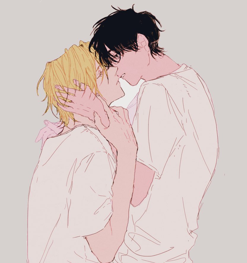 2boys multiple boys male focus black hair yaoi blonde hair shirt  illustration images