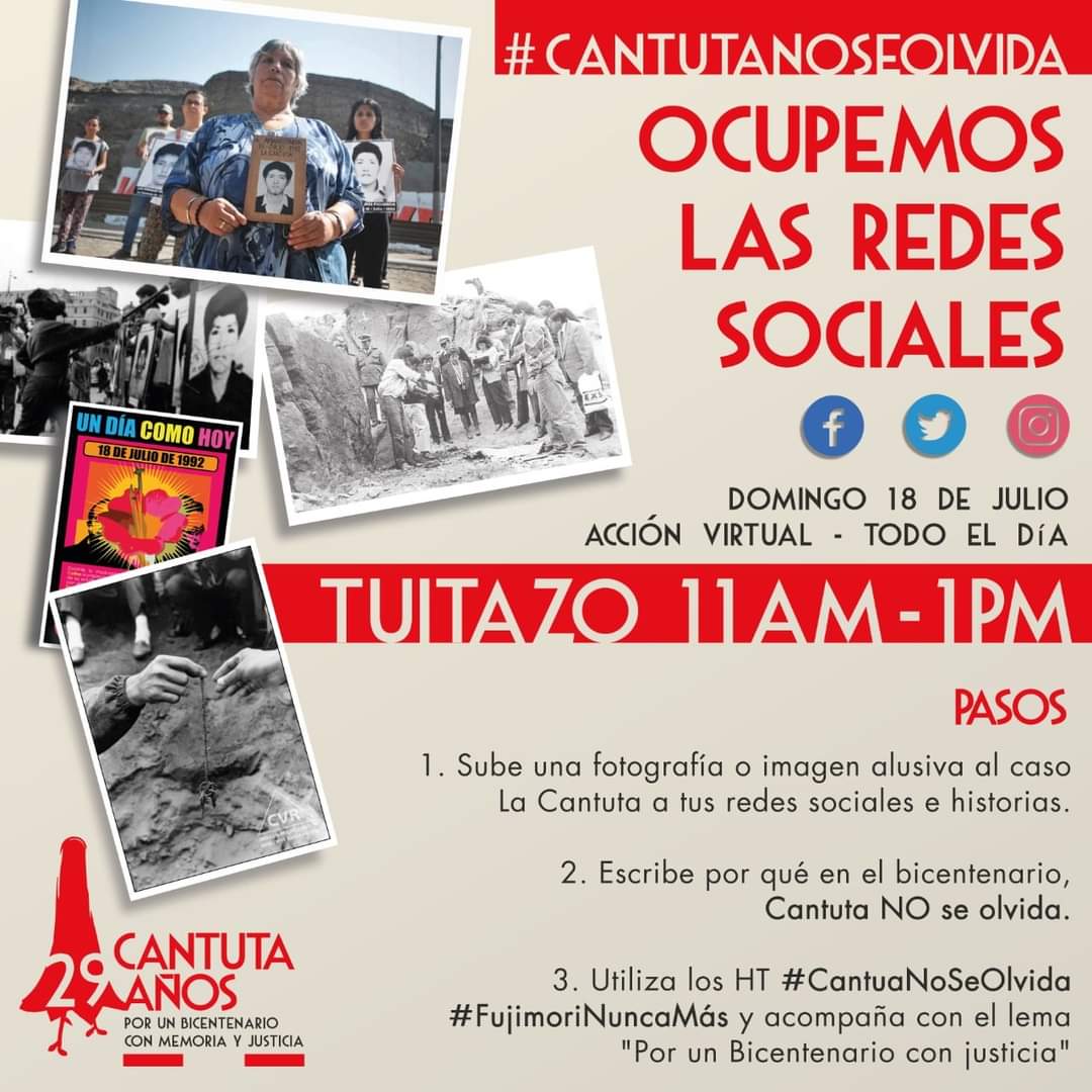 El 18 de julio se cumplen 29 años del asesinato-desaparición de un profesor y nueve estudiantes de La Cantuta, crimen perpetuado por la dictadura fujimontesinista. Súmate a la acción virtual #CantutaNoSeOlvida por un Bicentenario con memoria y justicia. #FujimoriNuncaMás