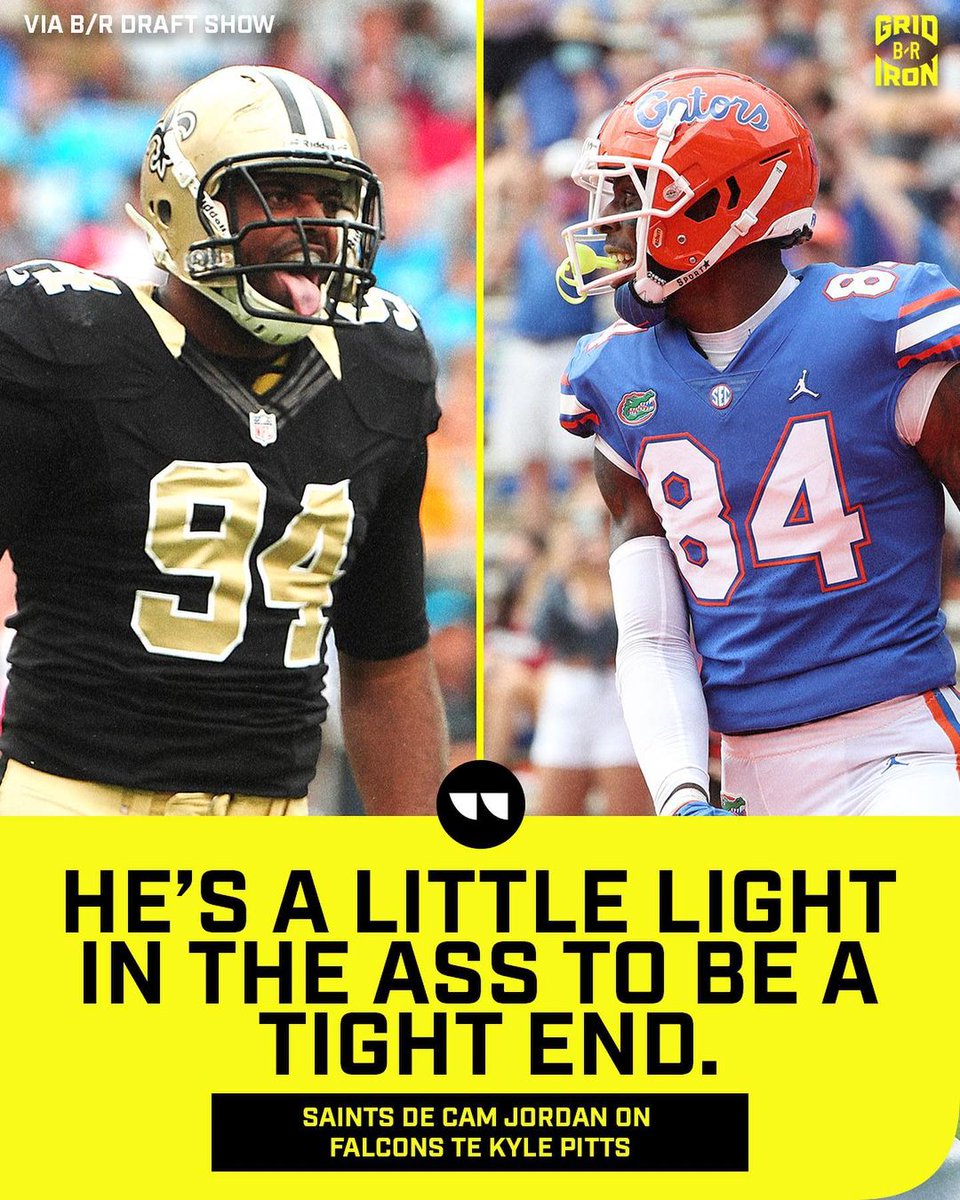 B/R Gridiron on X: "Saints DE @camjordan94 put his new division rival Kyle  Pitts on notice during our draft show 😳 https://t.co/l4V0aT1WPT" / X