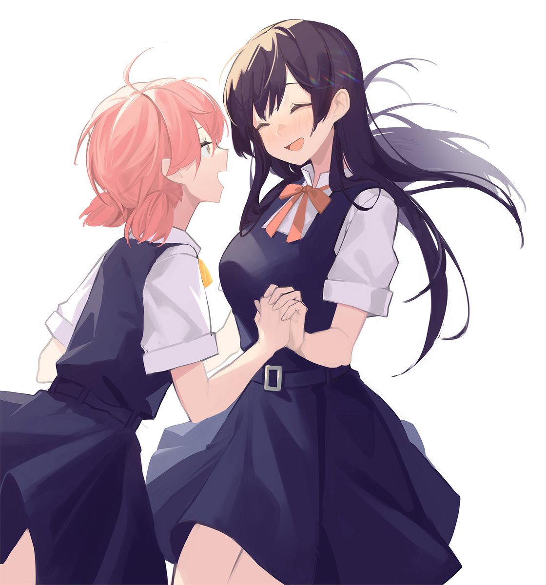multiple girls 2girls holding hands school uniform black hair closed eyes long hair  illustration images