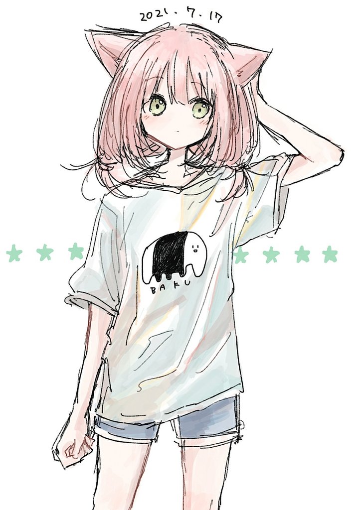 1girl solo pink hair shirt animal ears green eyes shorts  illustration images